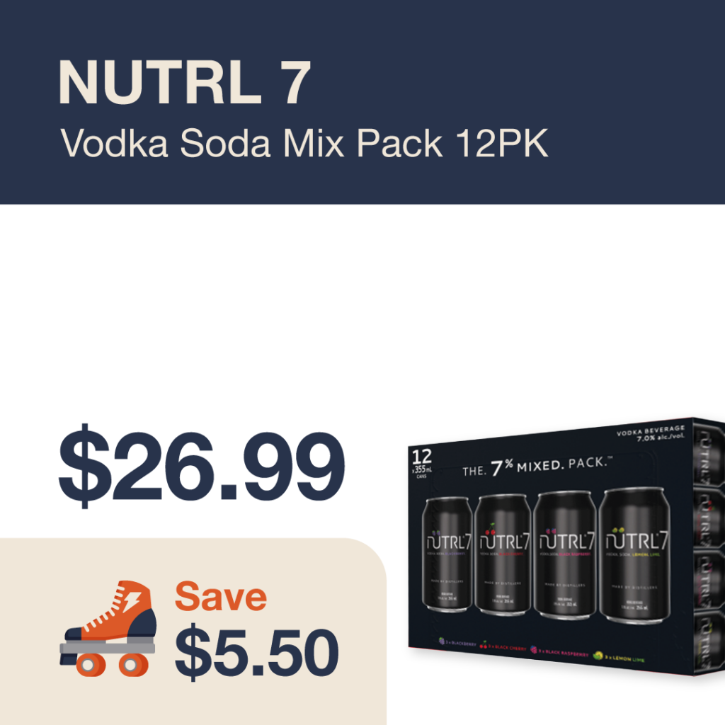 Liquor Co. 1977 monthly promo: NUTRL 7 Vodka Soda Mix Pack 12PK - Save $5.50 on this featured RTD deal
