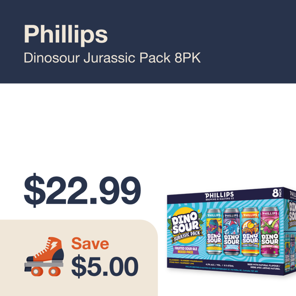 Liquor Co. 1977 monthly promo: Phillips Dinosour Jurassic Pack 8PK - Save $5.00 on this featured beer deal