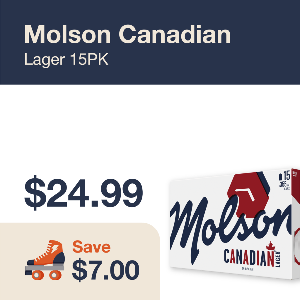 Liquor Co. 1977 monthly promo: Molson Canadian Lager 15PK - Save $7.00 on this featured beer deal.