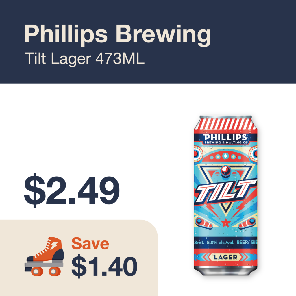 Liquor Co. 1977 monthly promo: Phillips Brewing Tilt Lager - Save $1.40 on this featured beer deal.
