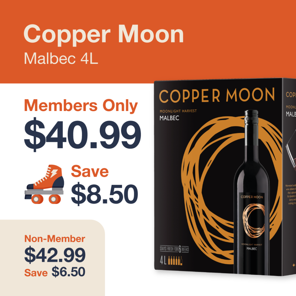 Liquor Co. 1977 monthly promo: Save $6.50 on Copper Moon Malbec 4L - Members save $8.50 on this featured wine deal