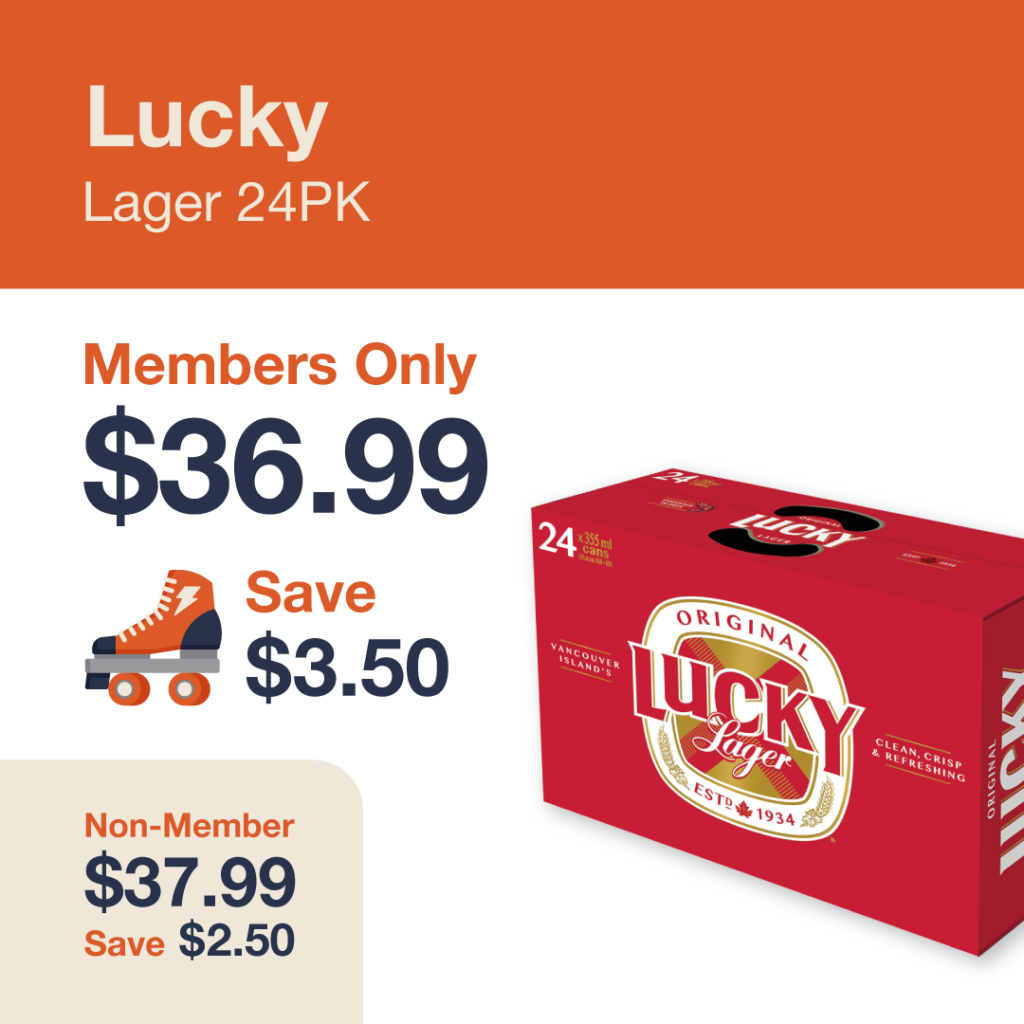 Liquor Co. 1977 monthly promo: Save $2.50 on Lucky Lager 24PK - Members save $3.50 on this featured beer deal