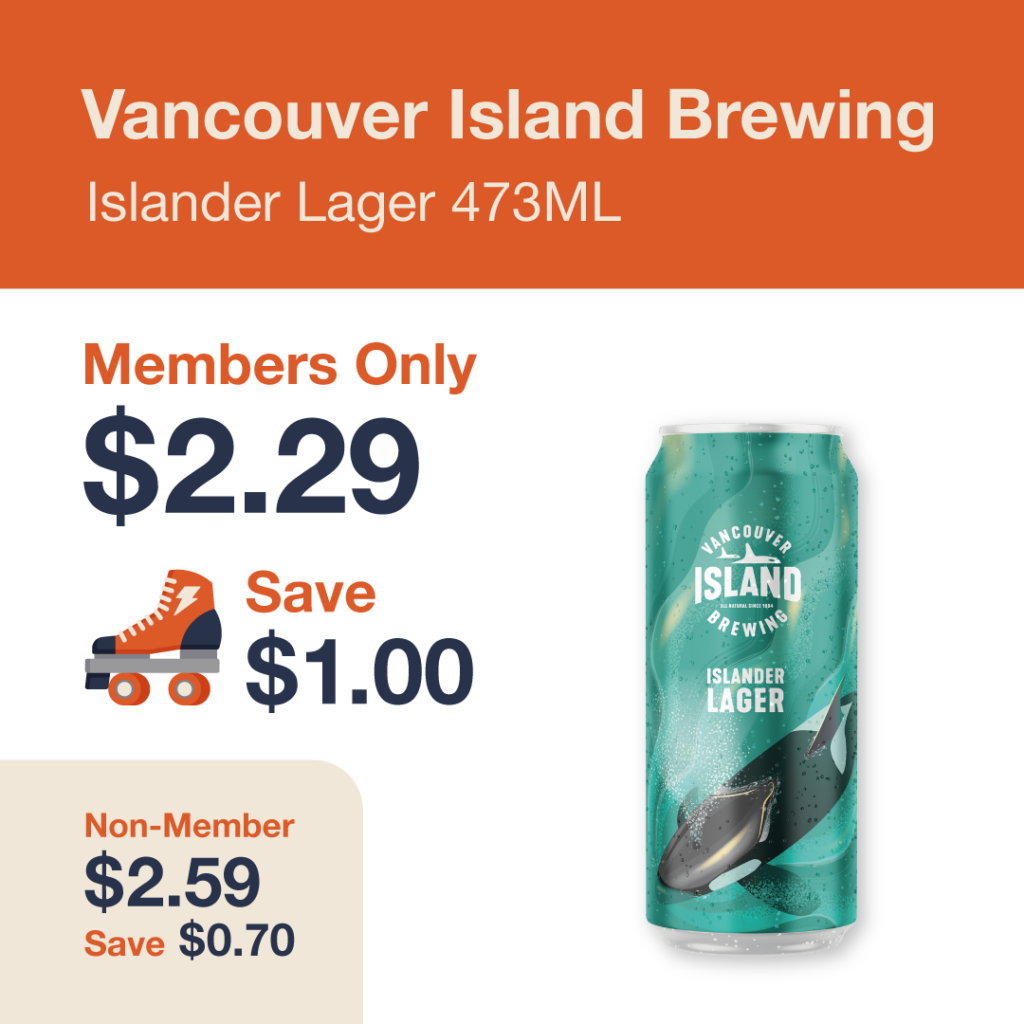Liquor Co. 1977 monthly promo: Save $0.70 on Vancouver Island Brewing VIB Islander Lager 473ml Tall Can- Members save $1.00 on this featured beer deal
