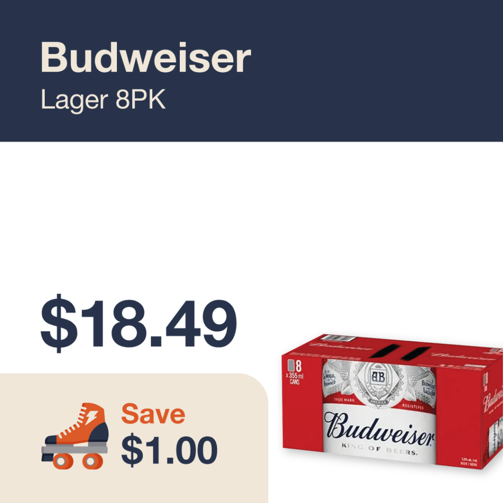 Liquor Co. 1977 monthly promo: Budweiser Lager 8PK - Save $1.00 on this featured beer deal.