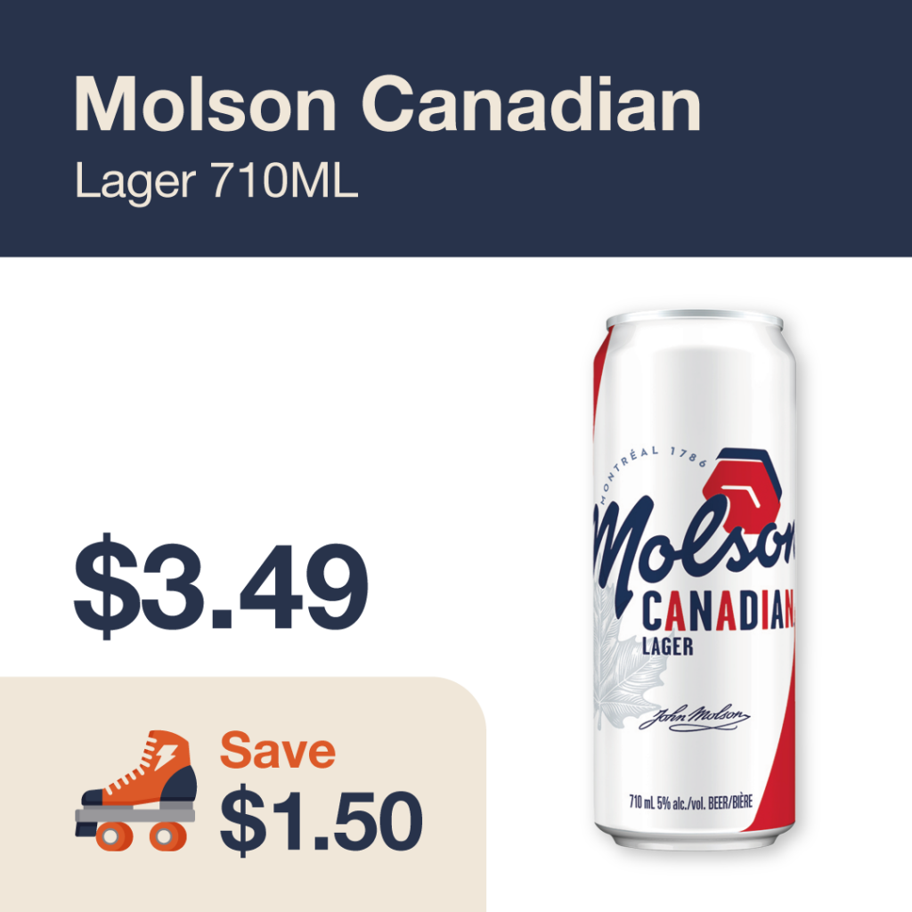 Liquor Co. 1977 monthly promo: Molson Canadian Lager 710ml can - Save $1.50 on this featured beer deal.