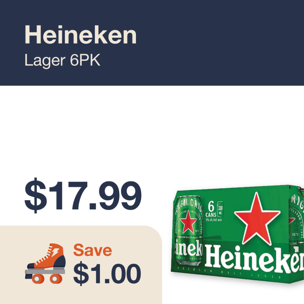 Liquor Co. 1977 monthly promo: Heineken Lager 6PK - Save $1.00 on this featured beer deal.