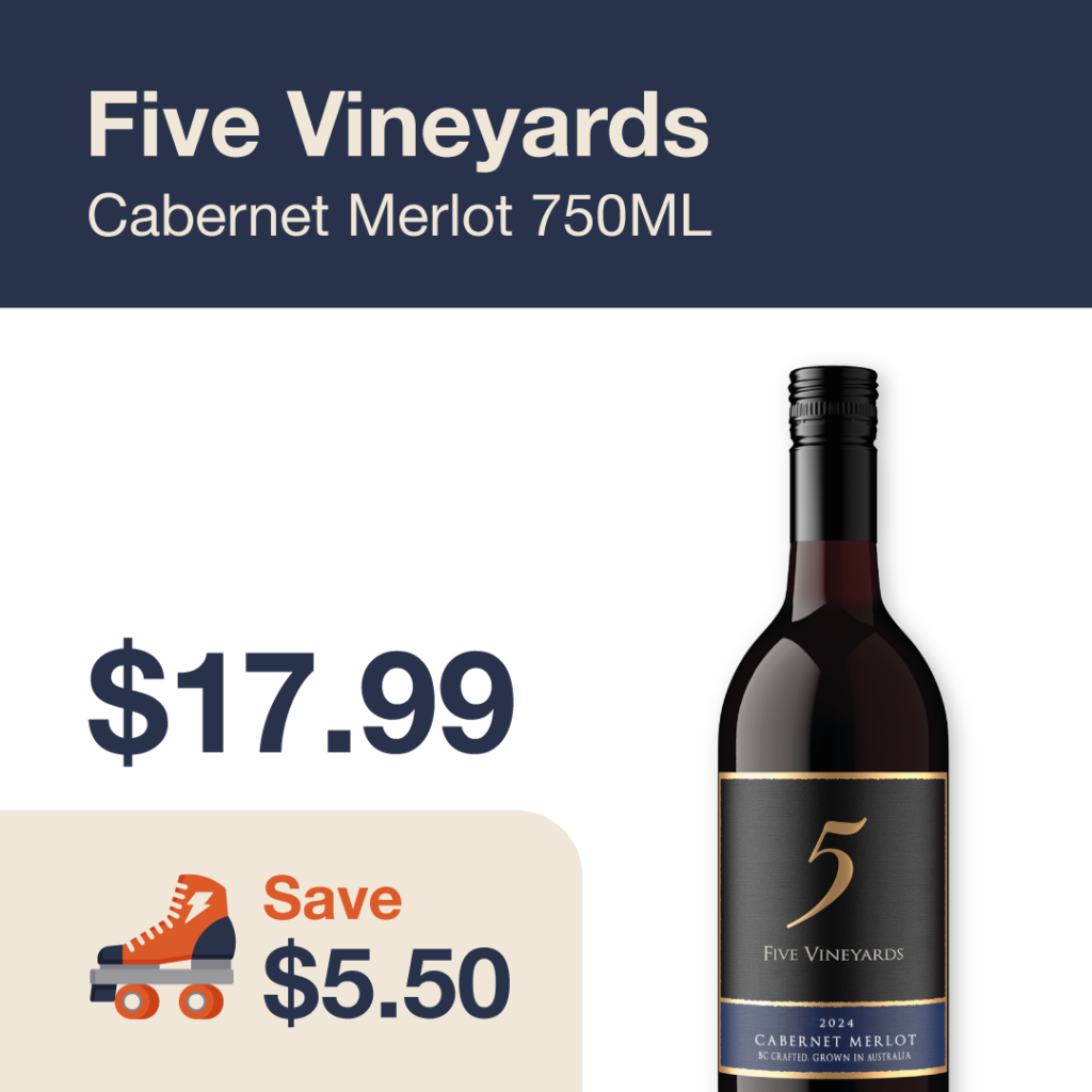 Liquor Co. 1977 monthly promo: Five Vineyards Cabernet Merlot 750ml - Save $5.50 on this featured wine deal.