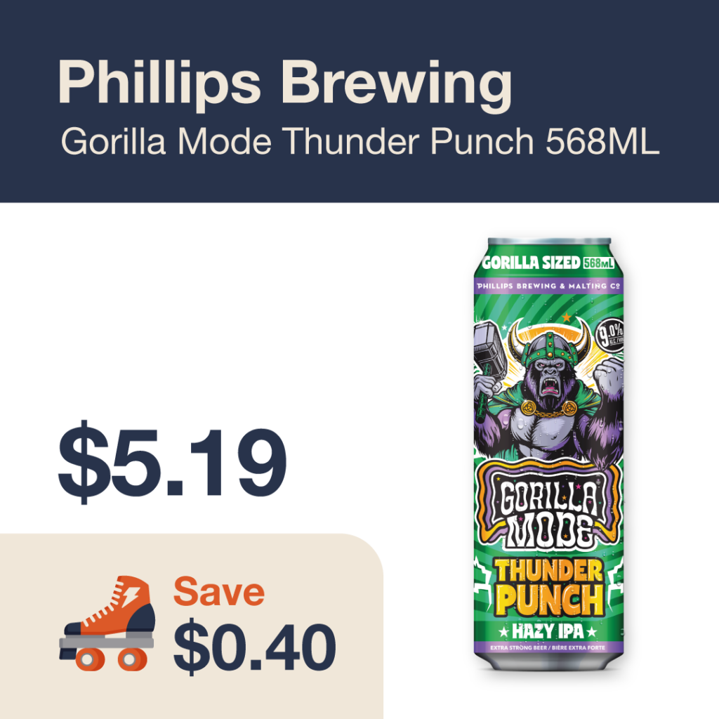Liquor Co. 1977 monthly promo: Phillips Brewing Gorilla Mode Thunder Punch 568ML Can - Save $0.40 on this featured beer deal.