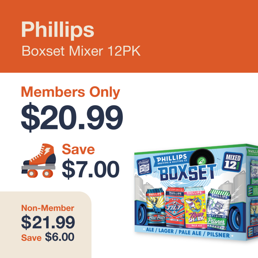 Liquor Co. 1977 monthly promo: Save $6.00 on Phillips Boxset Mixer 12PK - Members save $7.00 on this featured beer deal