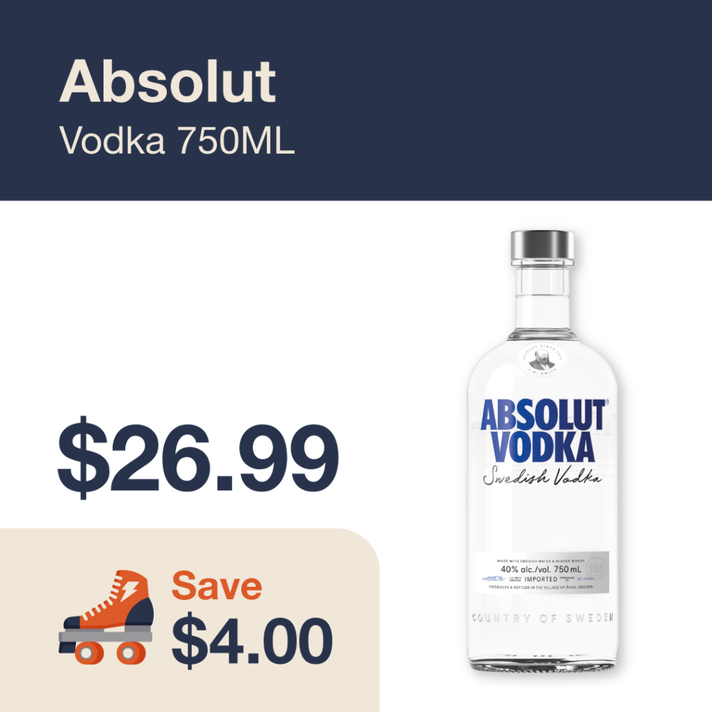 Liquor Co. 1977 monthly promo: Absolut Vodka - Save $4.00 on this featured spirit deal.