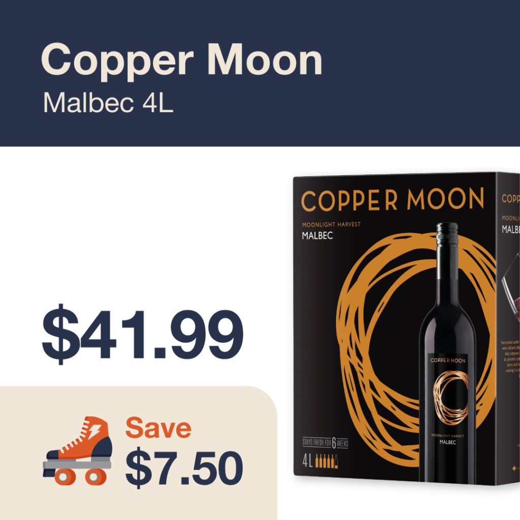 Liquor Co. 1977 monthly promo: Copper Moon Merlot 4L - Save $7.50 on this featured wine deal.