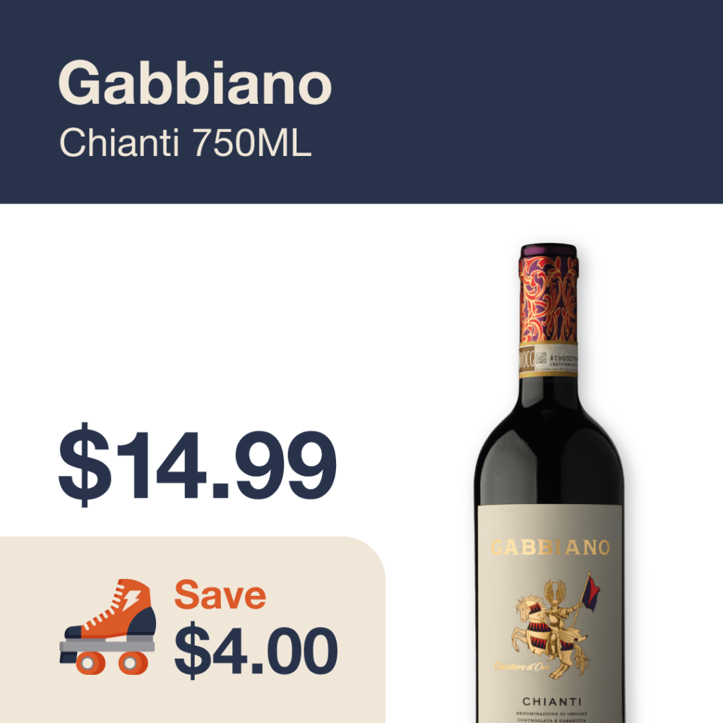 Liquor Co. 1977 monthly promo: Gabbiano Chianti - Save $4.00 on this featured wine deal.