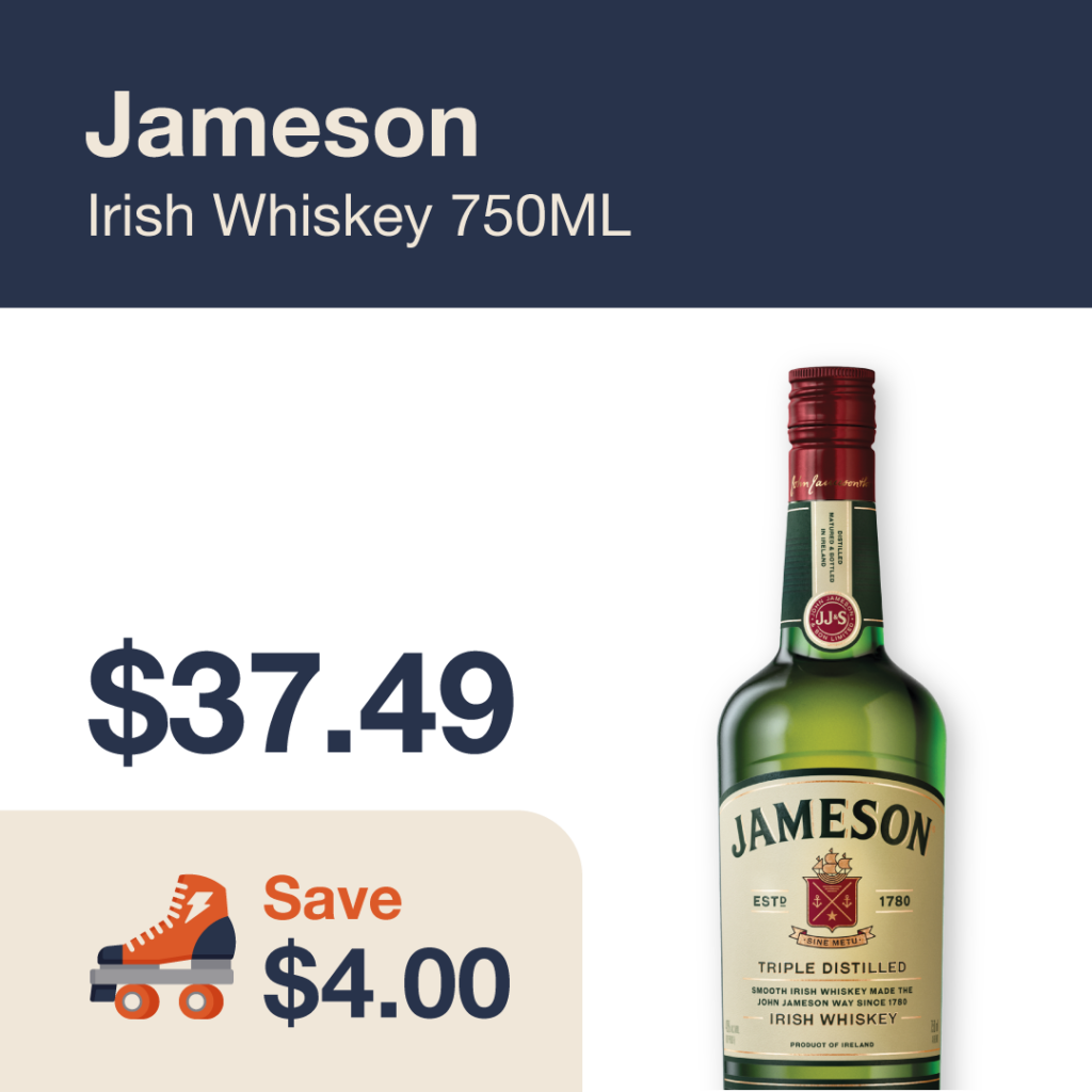 Liquor Co. 1977 monthly promo: Jameson Irish Whiskey - Save $4.00 on this featured spirit deal.