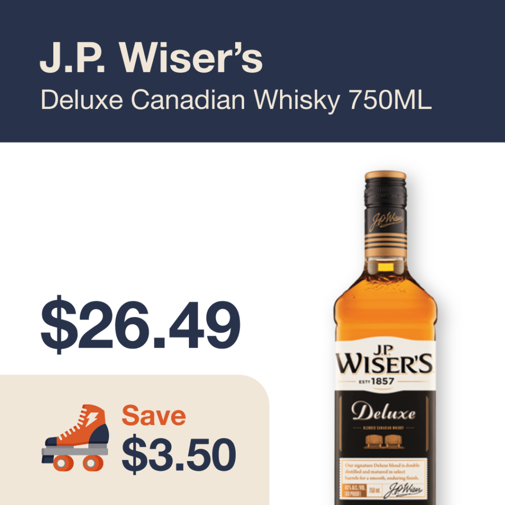 Liquor Co. 1977 monthly promo: J.P. Wiser's Deluxe Canadian Whisky - Save $3.50 on this featured spirit deal.