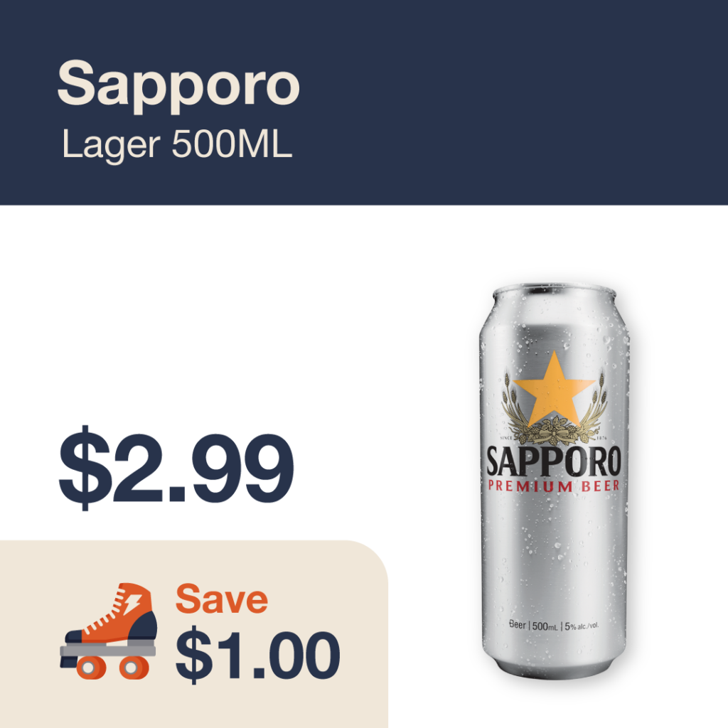 Liquor Co. 1977 monthly promo: Sapporo Lager - Save $1.00 on this featured beer deal.