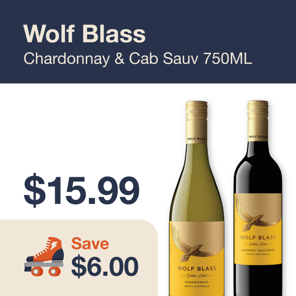 Liquor Co. 1977 monthly promo: Wolf Blass Chardonnay & Cabernet Sauvignon - Save $6.00 on this featured wine deal.