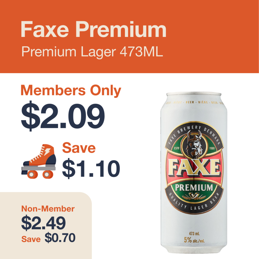 Liquor Co. 1977 monthly promo: Save $0.70 on Faxe Premium Lager 473ML - Members save $1.10 on this featured beer deal