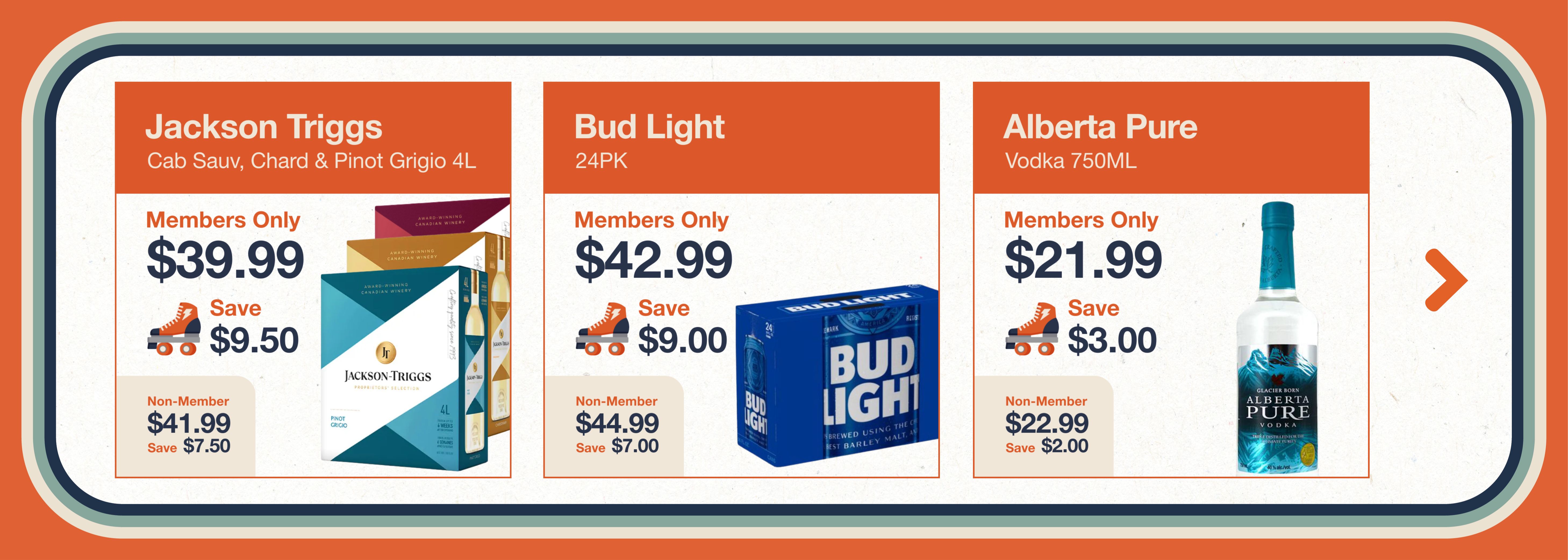 Monthly Promos at The Liquor Co. 1977. Beer Wine and Spirits on Sale. Peninsula Co-op Members save even more