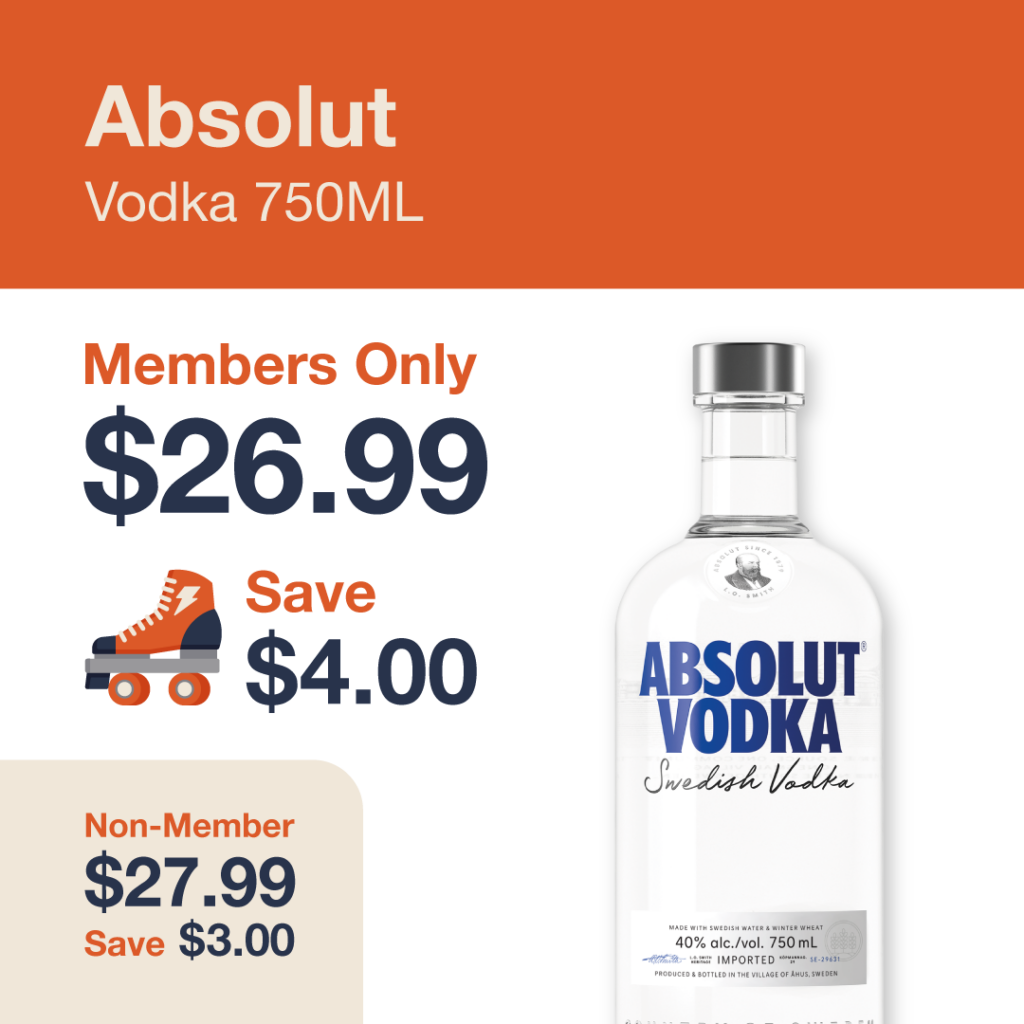 Liquor Co. 1977 monthly promo: Save $3.00 on Absolut Vodka - Members save $4.00 on this featured spirit deal