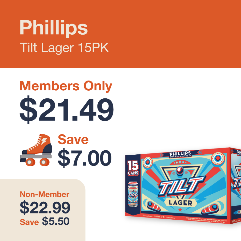 Liquor Co. 1977 monthly promo: Save $5.50 on Phillips Tilt Lager 15PK - Members save $7.00 on this featured beer deal