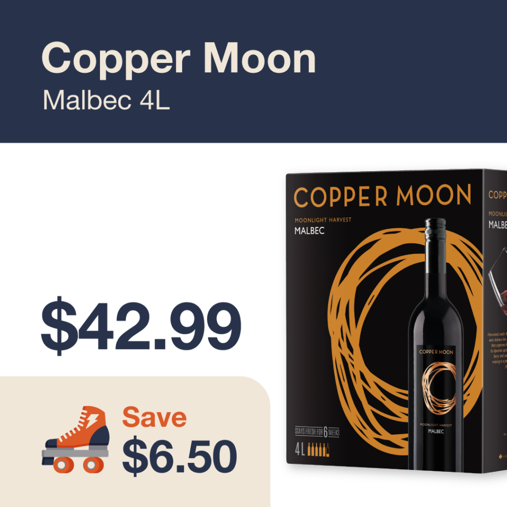 Liquor Co. 1977 monthly promo: Save $6.50 on Copper Moon Malbec 4L