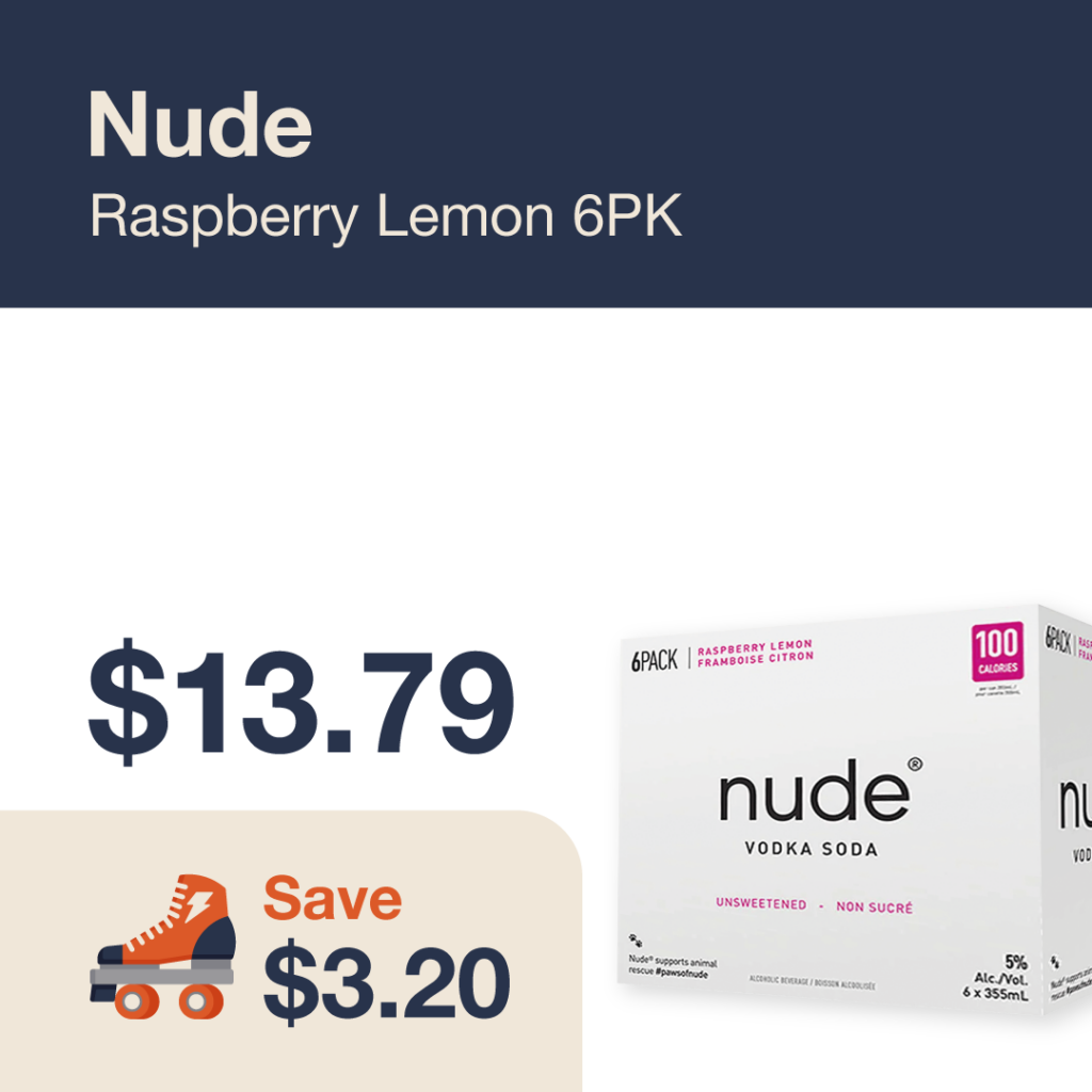 Liquor Co. 1977 monthly promo: Save $3.20 on Nude Raspberry Lemon 6PK