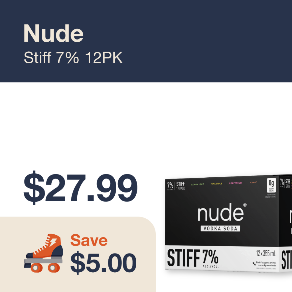 Liquor Co. 1977 monthly promo: Save $5.00 on Nude Stiff 7% 12PK