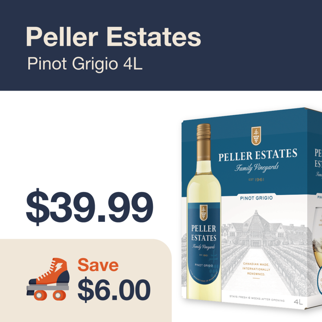 Liquor Co. 1977 monthly promo: Save $6.00 on Peller Estates Pinot Grigio 4L