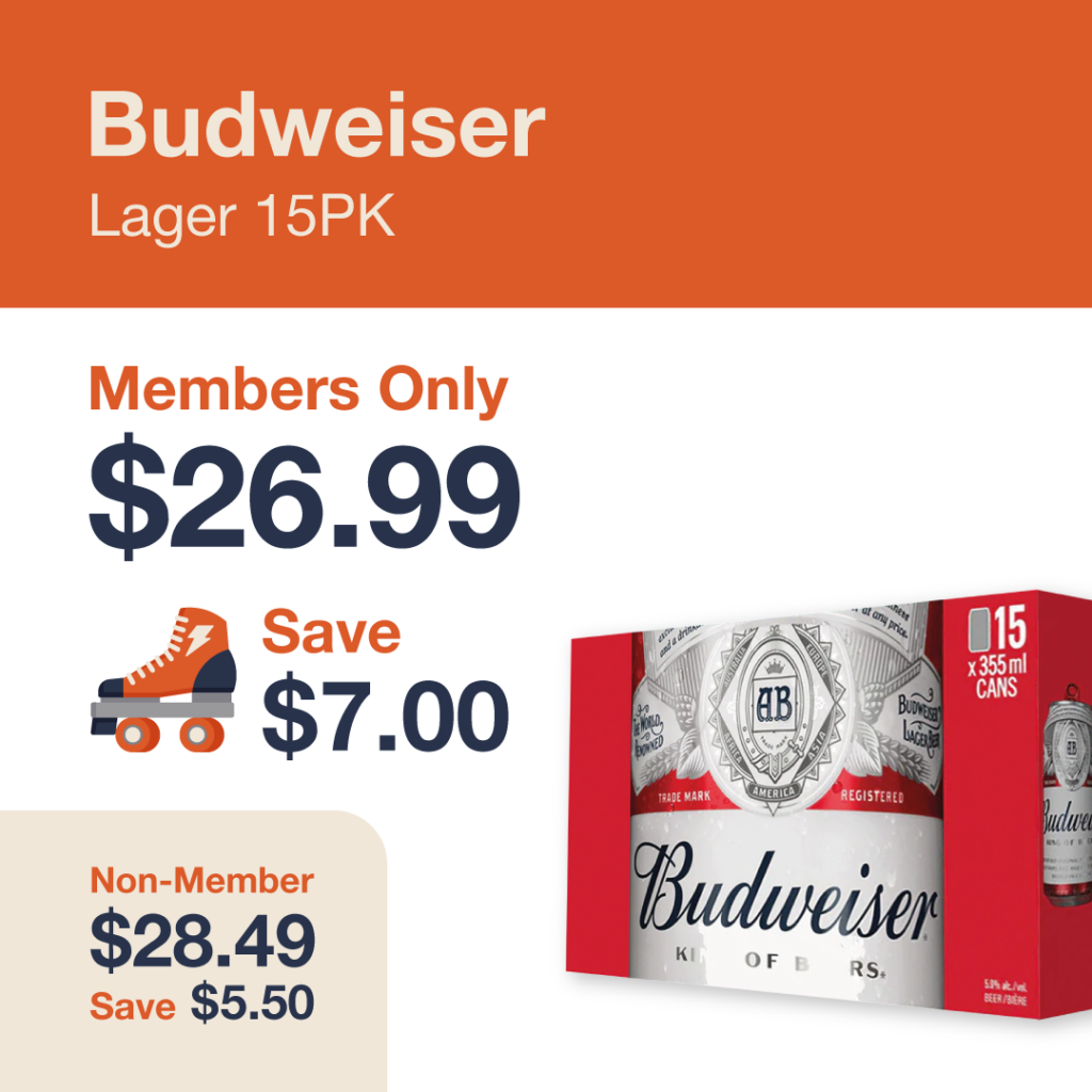 Liquor Co. 1977 monthly promo: Save $5.50 on Budweiser Lager 15PK - Members save $7.00 on this featured beer deal