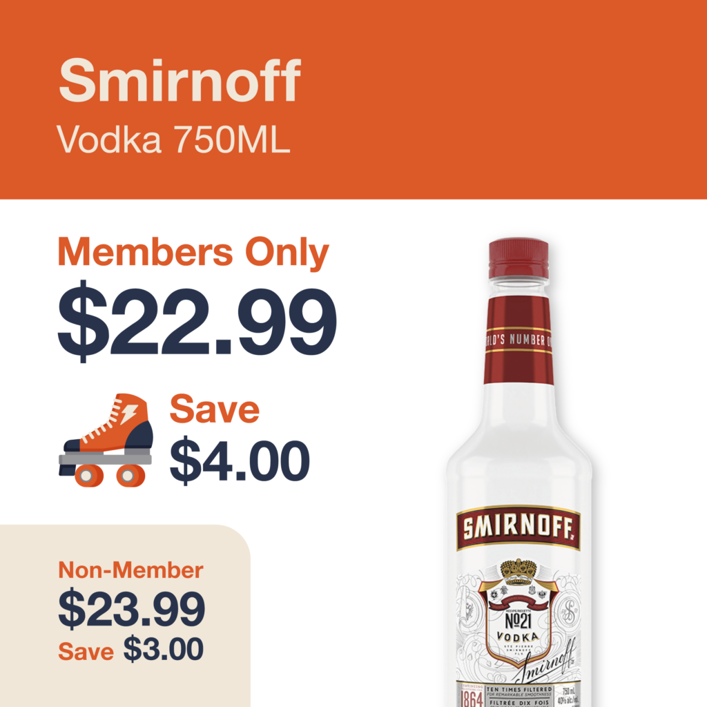 Liquor Co. 1977 monthly promo: Save $3.00 on Smirnoff Vodka 750ML - Members save $4.00 on this featured spirit deal