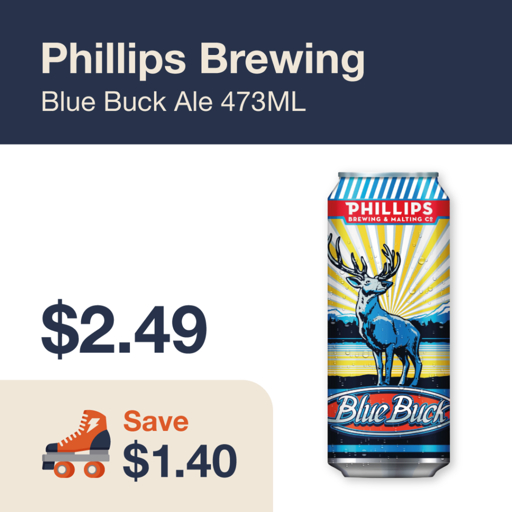 Liquor Co. 1977 monthly promo: Save $1.40 on Phillips Brewing Blue Buck Ale 473ML