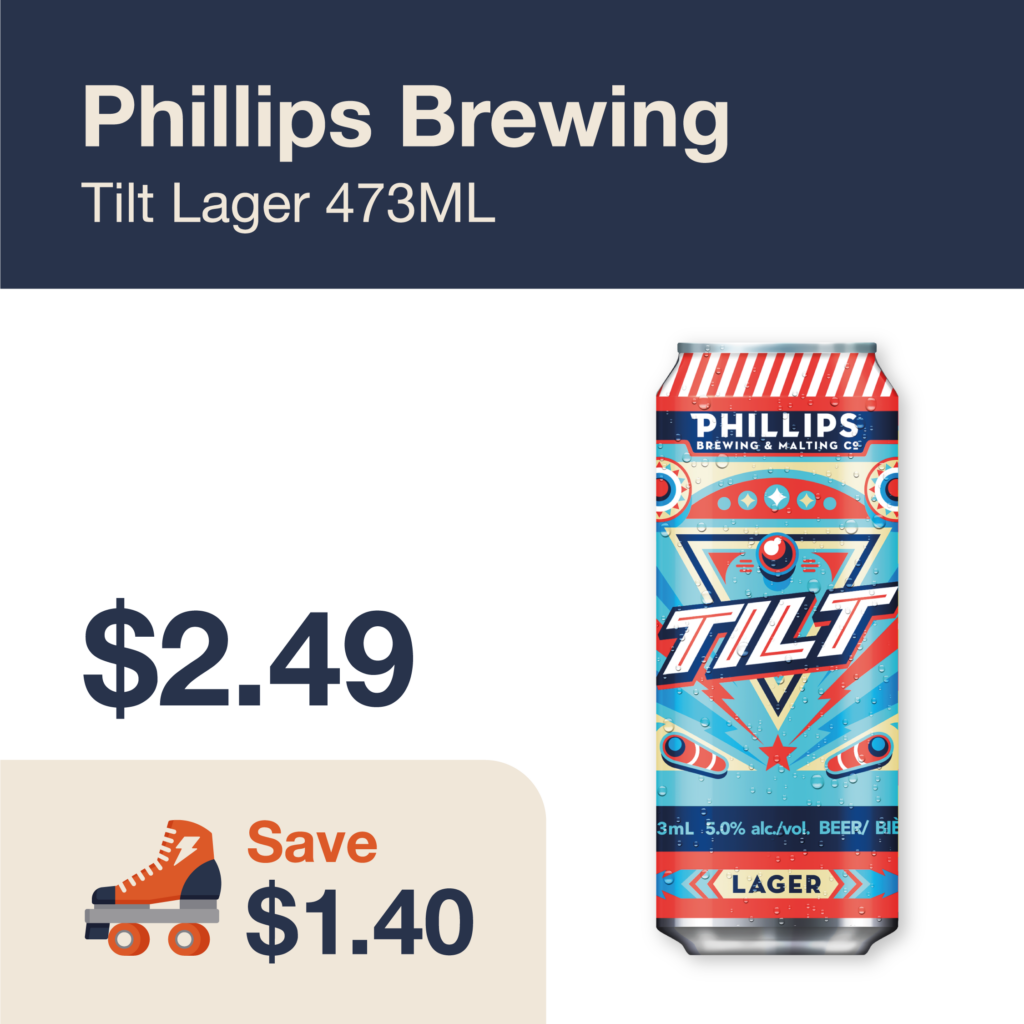 Liquor Co. 1977 monthly promo: Save $1.40 on Phillips Brewing Tilt Lager 473ML