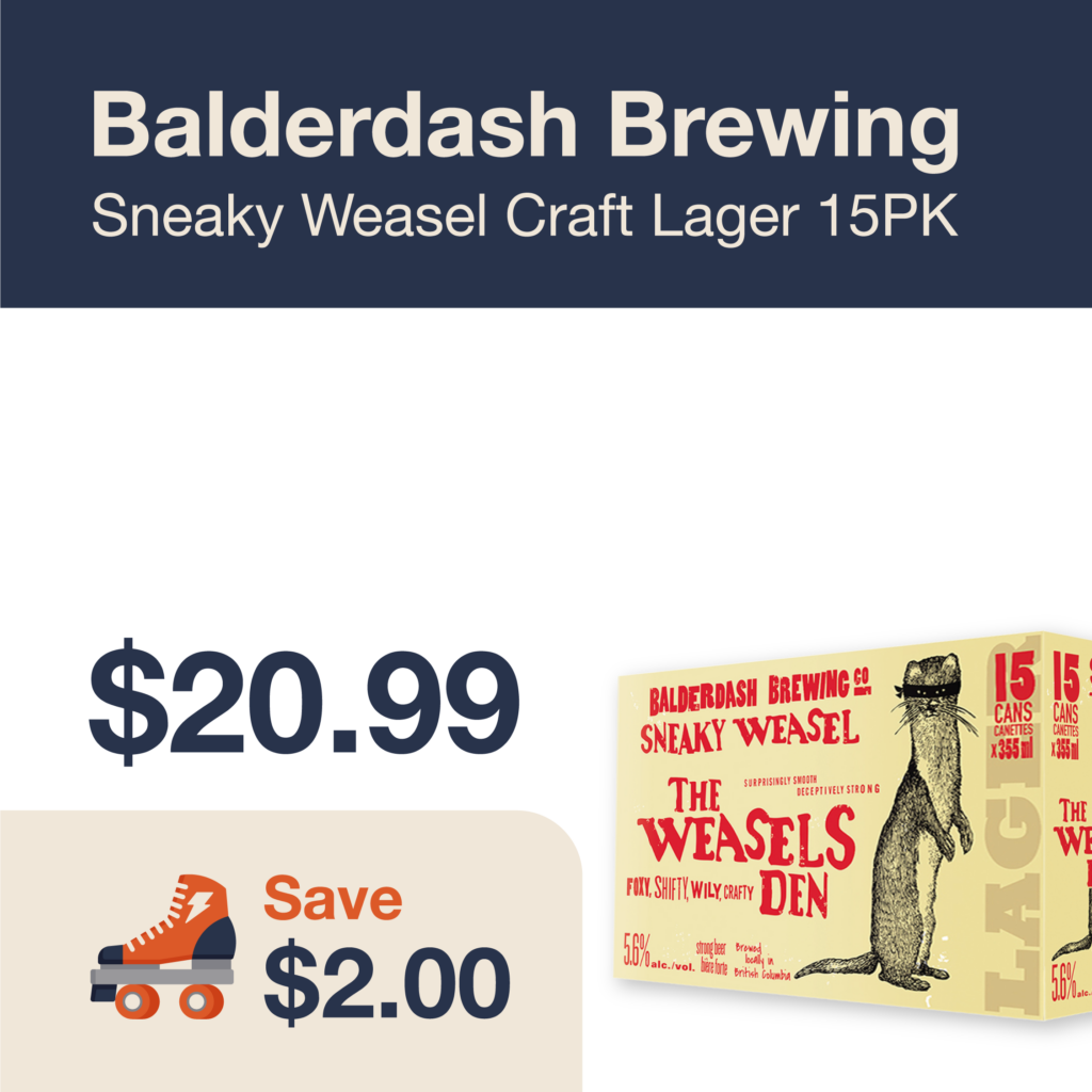 Liquor Co. 1977 monthly promo: Save $2.00 on Balderdash Brewing Sneaky Weasel Craft Lager 15PK