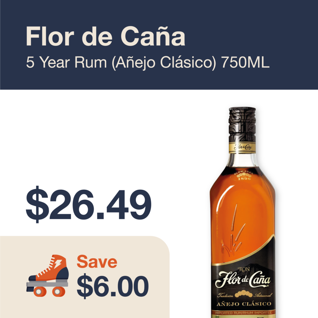 Liquor Co. 1977 monthly promo: Save $6.00 on Flor de Cana 5 Year Rum Anejo Classico 750ML