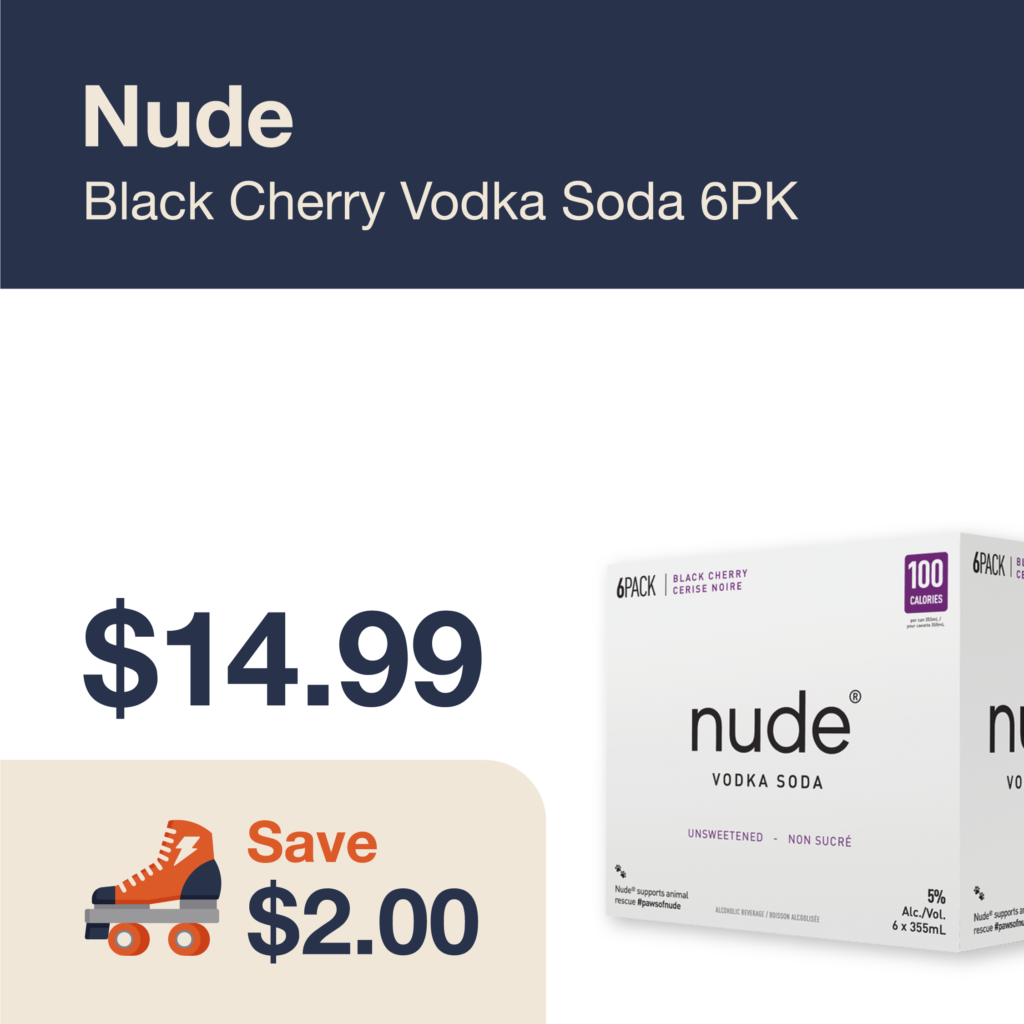 Liquor Co. 1977 monthly promo: Save $2.00 on Nude Black Cherry Vodka Soda 6PK