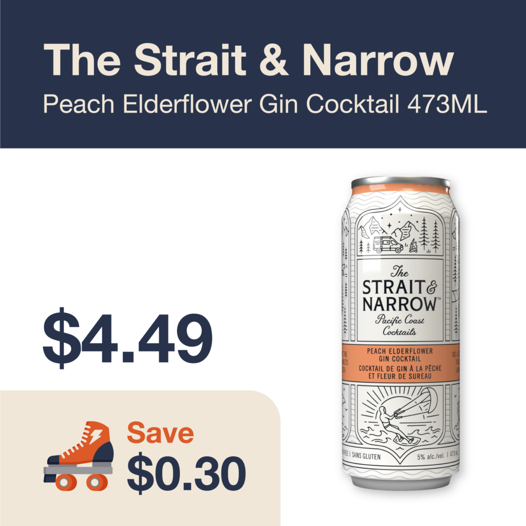 Liquor Co. 1977 monthly promo: Save $0.30 on The strait & Narrow Peach Elderflower Gin Cocktail 473ML