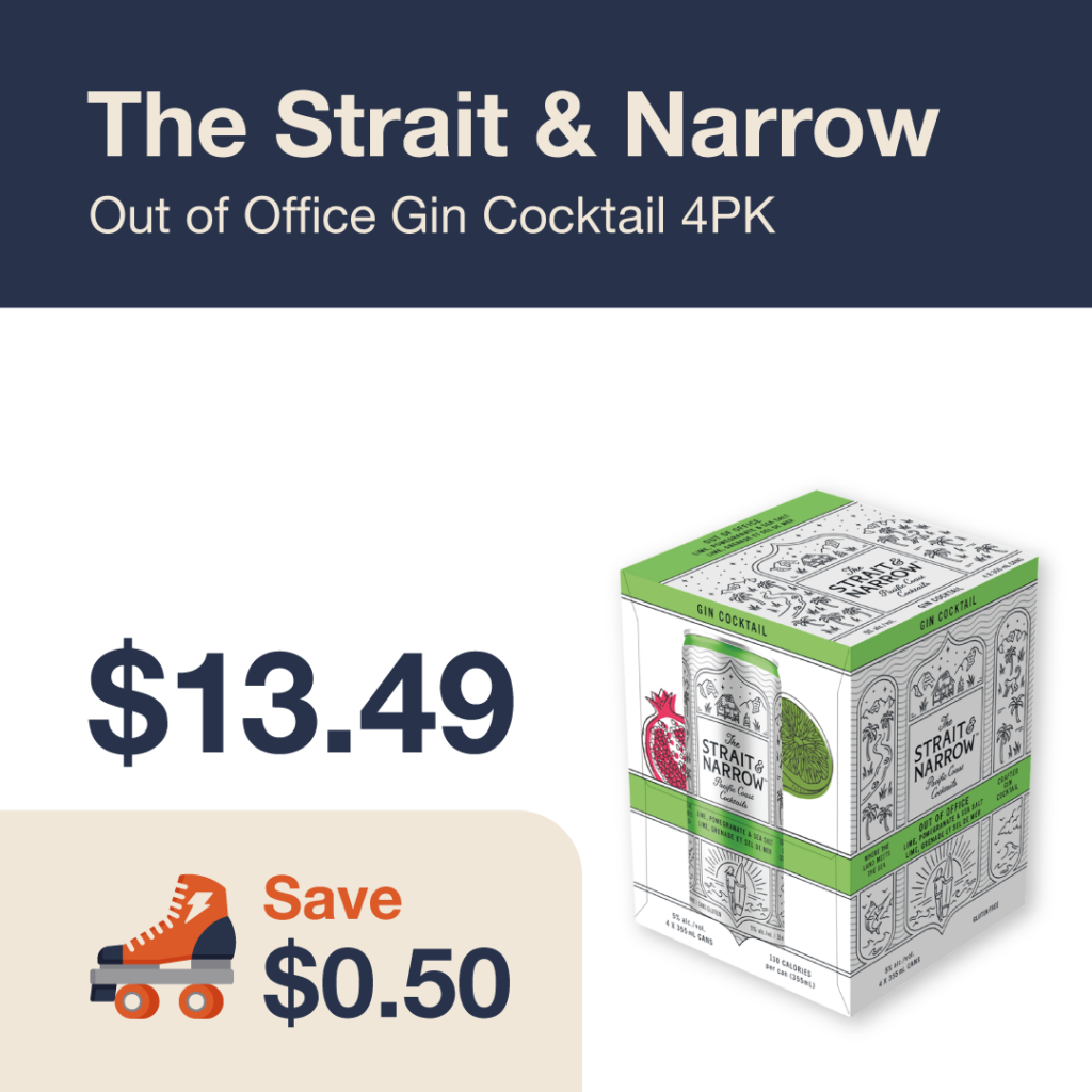 Liquor Co. 1977 monthly promo: Save $0.50 on The Strait & Narrow Out of Office Gin Cocktail 4PK