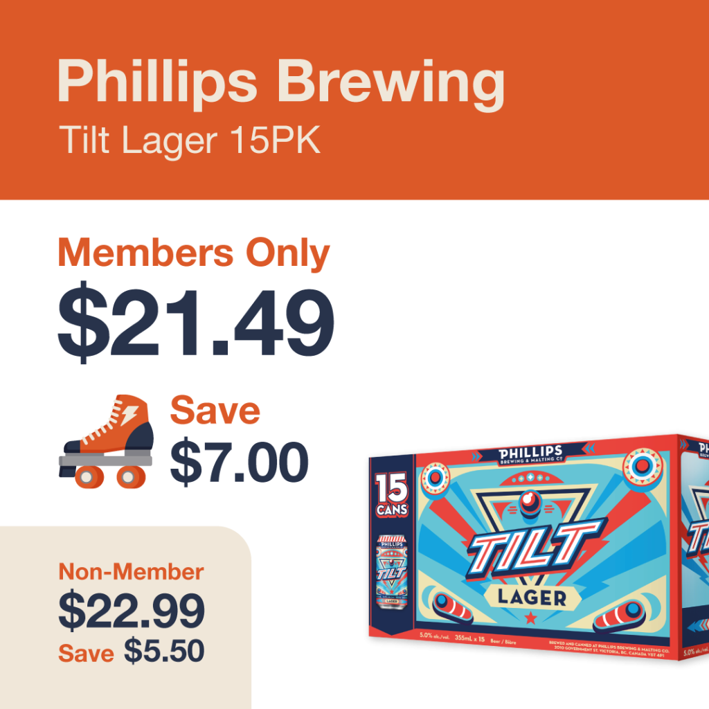 Liquor Co. 1977 monthly promo: Save $7.00 on Phillips Brewing Tilt Lager 15PK - Members save $7.00 on this featured beer deal