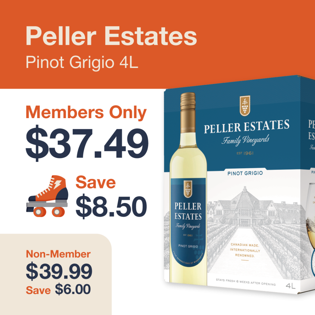 Liquor Co. 1977 monthly promo: Save $6.00 on Peller Estates Pinot Grigio 4L - Members save $8.50 on this featured wine deal