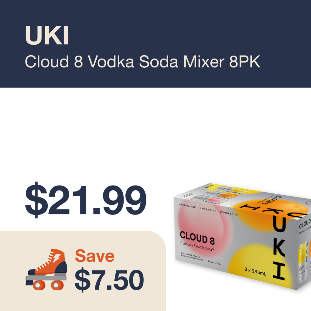 Liquor Co. 1977 monthly promo: Save $7.50 on UKI Cloud 8 Vodka Soda Mixer 8PK