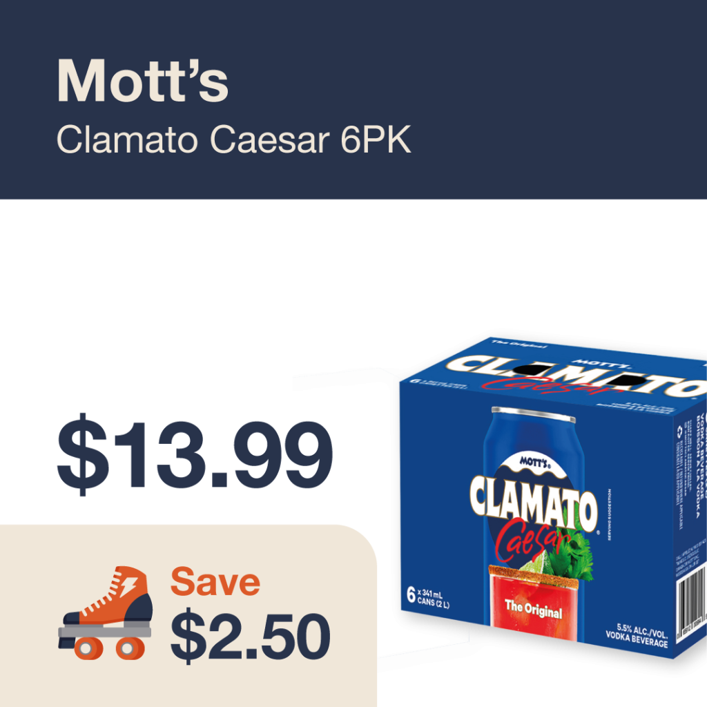 Liquor Co. 1977 monthly promo: Save $2.50 on Mott's Clamato Caesar 6PK