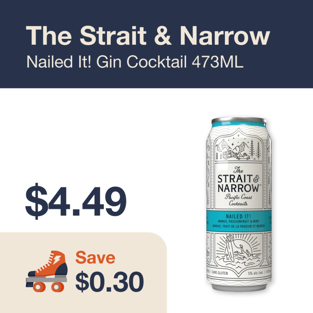 Liquor Co. 1977 monthly promo: Save $0.30 on The Strait & Narrow Nailed It! Gin cocktail 473ML