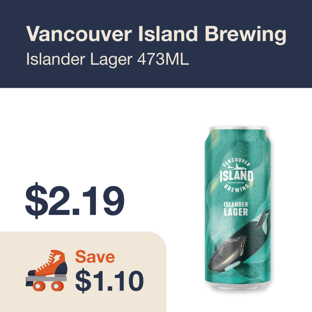 Liquor Co. 1977 monthly promo: Save $1.10 on Vancouver Island Brewing Islander Lager 473ML