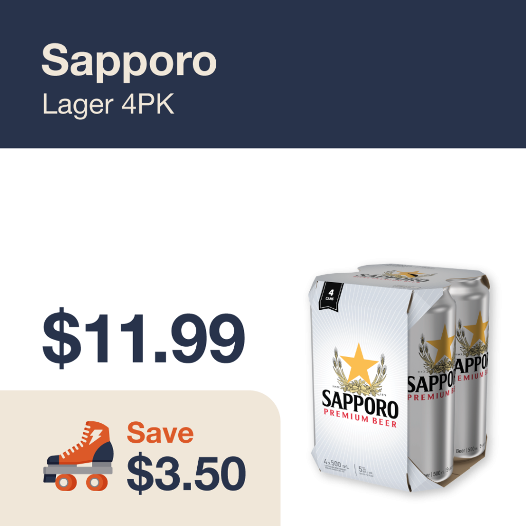 Liquor Co. 1977 monthly promo: Save $3.50 on Sapporo Lager 4PK