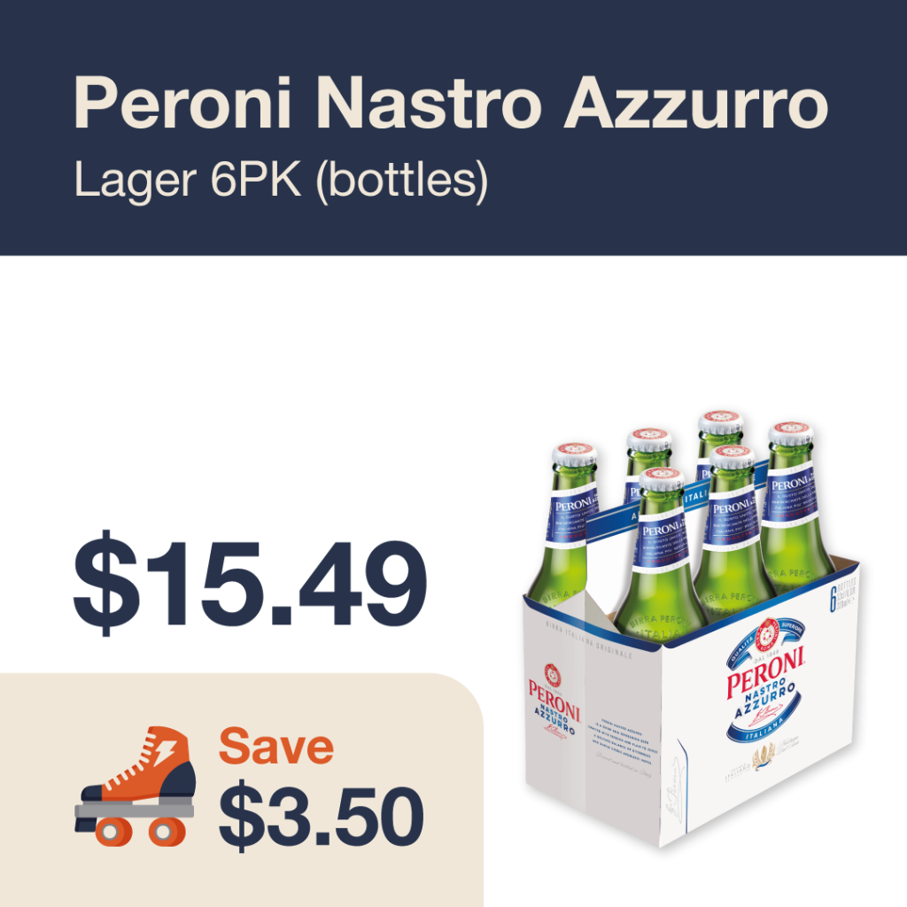 Liquor Co. 1977 monthly promo: Save $3.50 on Peroni Nastro Azzurro Lager 6PK Bottles