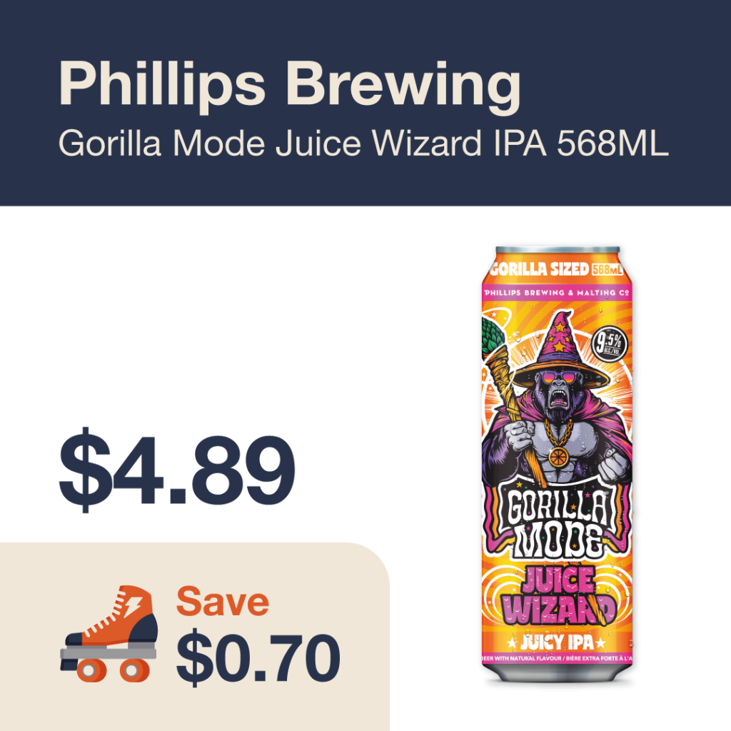 Liquor Co. 1977 monthly promo: Save $0.70 on Phillips Brewing Gorilla Mode Juice Wizard IPA 568ML
