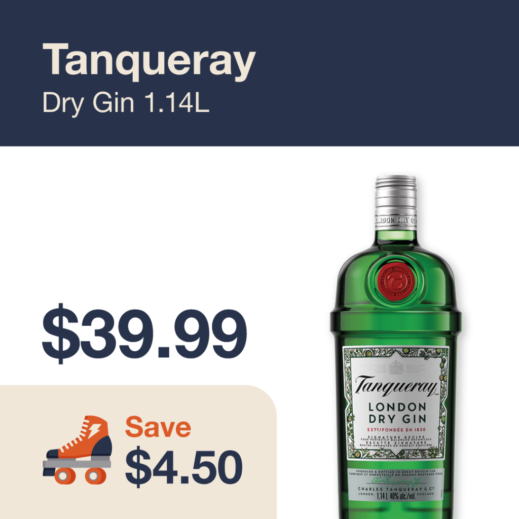 Liquor Co. 1977 monthly promo: Save $4.50 on Tanqueray Dry Gin 1.14L
