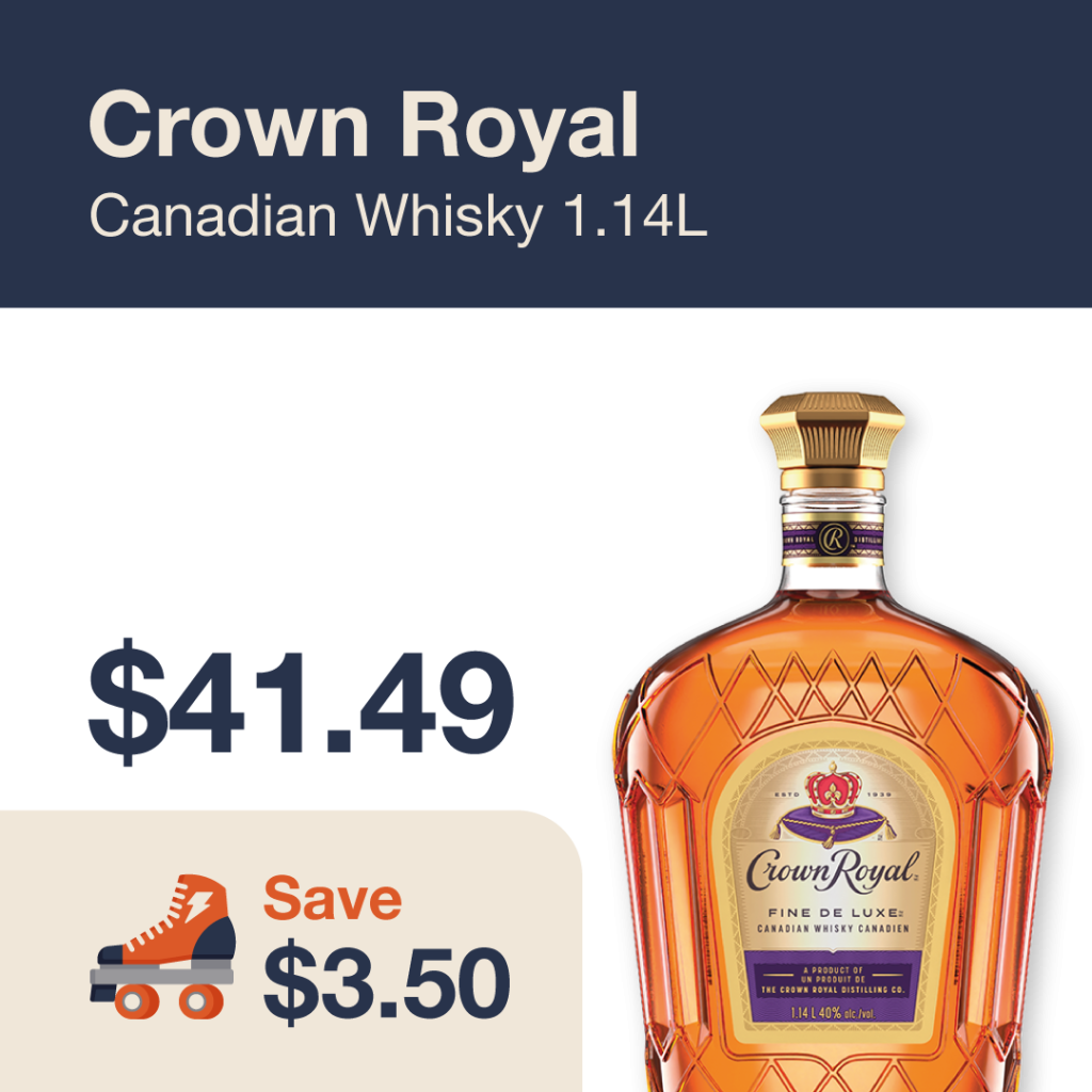 Liquor Co. 1977 monthly promo: Save $3.50 on Crown Royal Canadian Whisky 1.14L