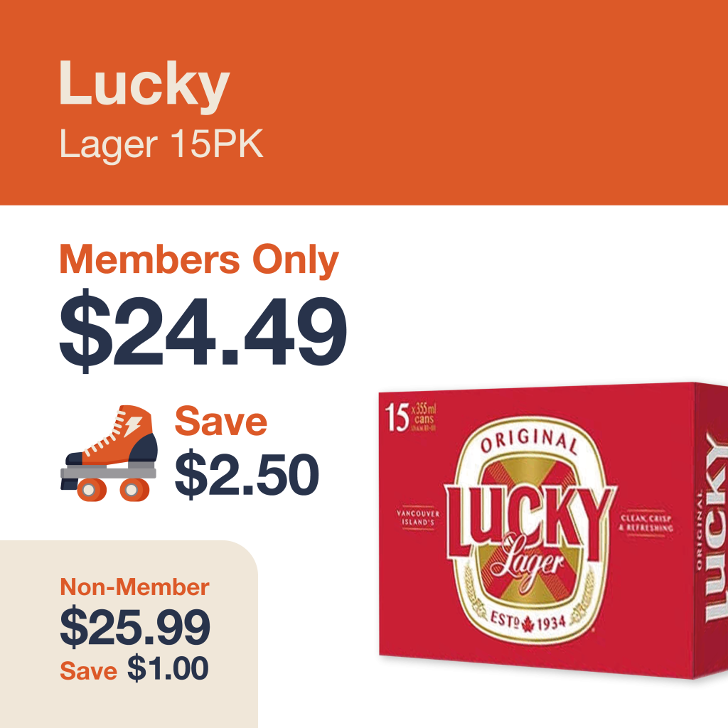 Liquor Co. 1977 monthly promo: Save $1.00 on Lucky Lager 15PK - Members save $2.50 on this featured beer deal