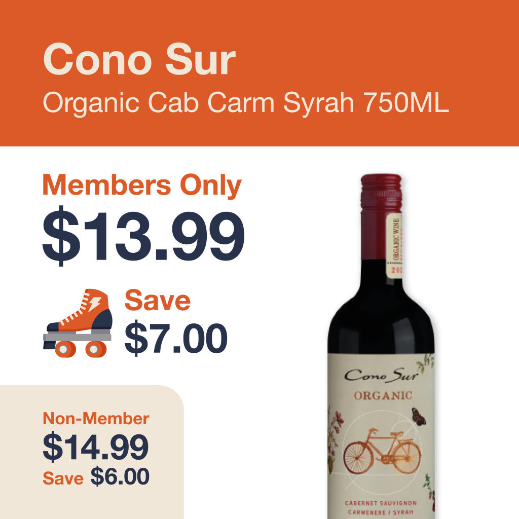 Liquor Co. 1977 monthly promo: Save $6.00 on Cono Sur Organic Cabernet Carmenère Syrah - Members save $7.00 on this featured wine deal